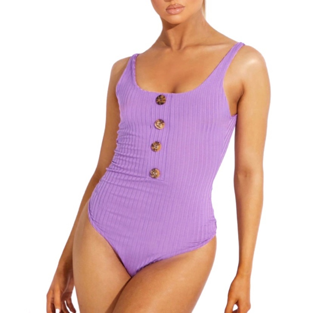 PrettyLittleThing Purple Ribbed Bottom Snap Closure One Piece Bodysuit Tank Top